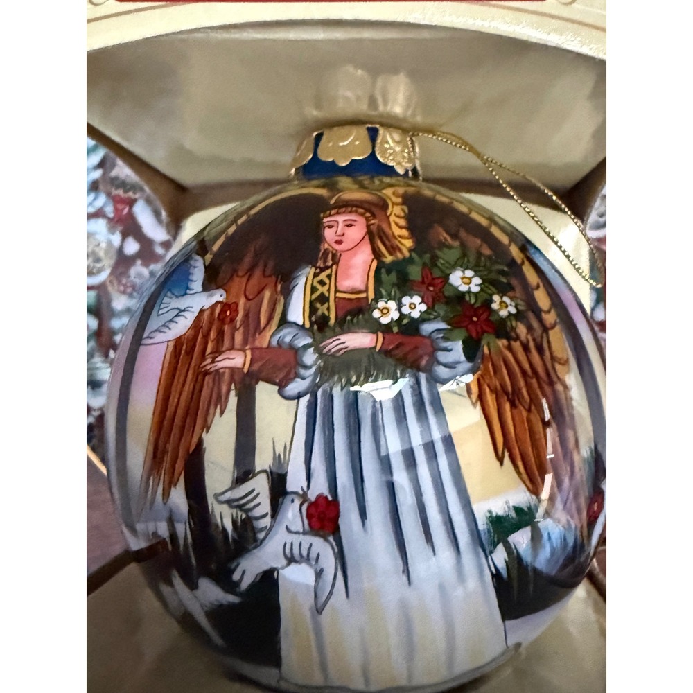 Vtg Antique Heritage Hand Painted Blown Glass Christmas‎ Ornament Angel In Box
